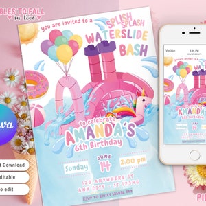 Waterslide Invitation, girl unicorn float water slide Party Invite, DIY Splash Pad Invite Summer Pool Party Splish Splash Bash Water Park