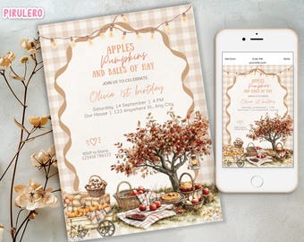 Puede incluir: Una invitación para el 1er cumpleaños de Olivia, con el texto "Apples, Pumpkins, and Bales of Hay". El diseño incluye un árbol con hojas rojas, cestas de manzanas y un patrón de cuadros. Un smartphone muestra el mismo diseño.
