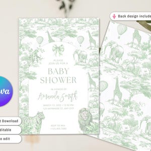 Convite para chá de bebê Safari Toile Verde Sage, convite digital para chá de bebê Safari Animal Baby Boy, convite para chá de bebê Toile de Jouy Dusty Safari