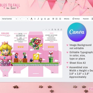 Cajas imprimibles Princesa Peach Mario Bros, 4 Cube Box Peach, Caja de favores de fiesta, caja de favores de fiesta, Plantilla Canva editable, Caja de dulces imagen 9