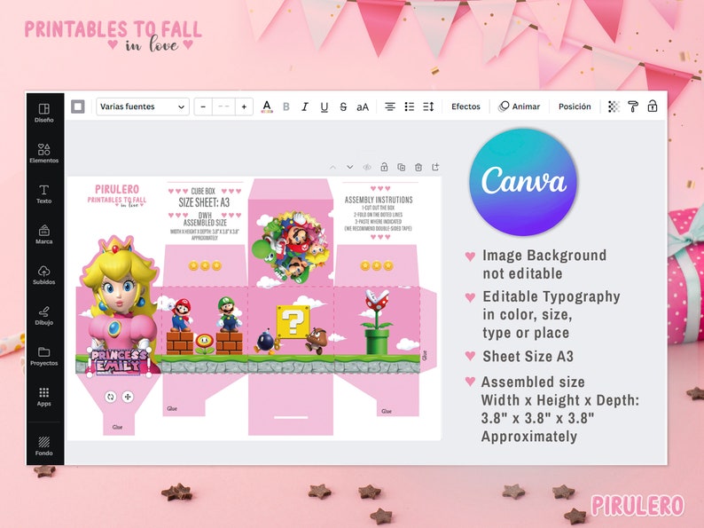 Cajas imprimibles Princesa Peach Mario Bros, 4 Cube Box Peach, Caja de favores de fiesta, caja de favores de fiesta, Plantilla Canva editable, Caja de dulces imagen 9