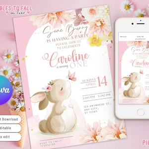 Invito di compleanno a forma di coniglietto floreale, modello di invito stampabile con acquerello pastello Canva, invito per festa di compleanno modificabile con coniglietto