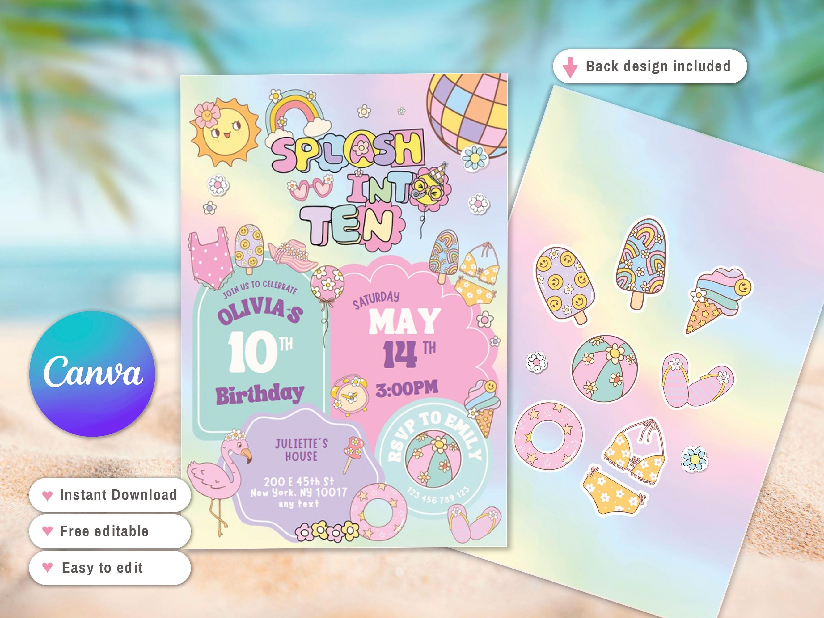 Editable Groovy Splash Into Ten, 10th Birthday Pool Party Invitation ...