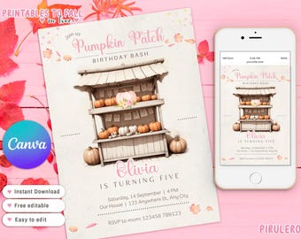 Peut inclure: Une invitation imprimable pour une fête d'anniversaire sur le thème de l'automne. L'invitation présente une illustration de dessin animé d'un stand de citrouilles avec des citrouilles et une pancarte qui dit "Pumpkin Patch Birthday Bash". Le texte "Olivia a cinq ans" est écrit en rose sur l'invitation.