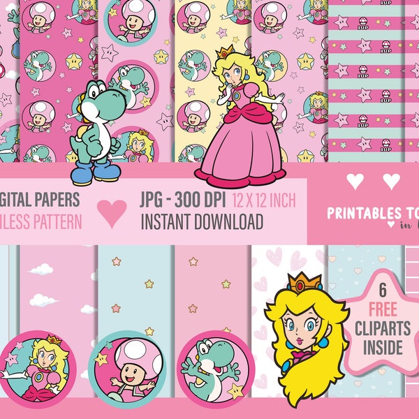 Peach princess Digital Papers SEAMLESS & free PNG Clipart included, free pgn Clipart  pastel princess peach princess mario Instant Download