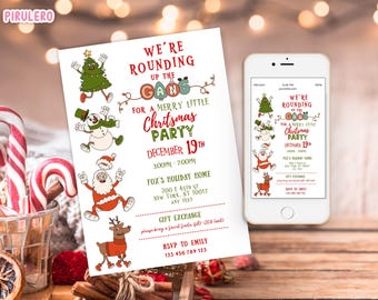 May include: Christmas party invitation with festive illustrations of a Christmas tree, snowman, Santa Claus, and reindeer. The invitation includes the text "We're Rounding Up the Gang for a Merry Little Christmas Party" and event details.