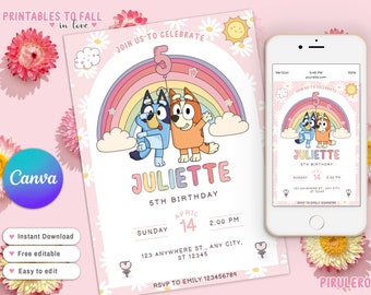 Plantilla Canva de invitación de cumpleaños de perro azul, plantilla de canva de flores de margarita, invitación de cumpleaños de perro azul, fiesta de cumpleaños de niñas