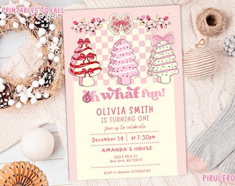 May include: A pink and white printable invitation for a first birthday party. The invitation features a pink and white checkered background with three cartoon Christmas trees decorated with bows and candy canes. The text on the invitation reads "Oh what fun! Olivia Smith is turning one. Join us to celebrate December 14 at 7:30pm Amanda's House 200 E 45th St. New York, NY 10017 RSVP to Amanda 123456789"