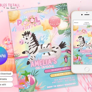 Puede incluir: Una invitación imprimible para una fiesta en la piscina con una cebra en un flotador de piscina. La invitación está decorada con colores rosa, azul y verde y tiene el texto "It's a Pool Party Bash!" y "Amelia's 6th Birthday".