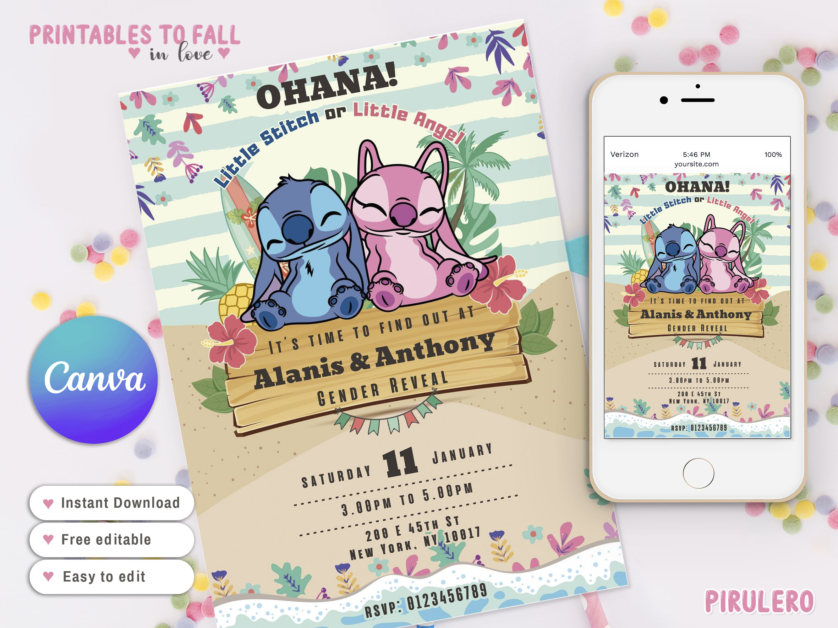 Angel and Stitch Gender Reveal Invitation, Lilo and Stitch Gender