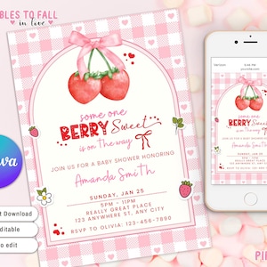 Strawberry Baby Shower Invitation, Berry Sweet Girl Baby Shower Invite Template editable, Strawberry It's a Girl Baby Shower, is on the way