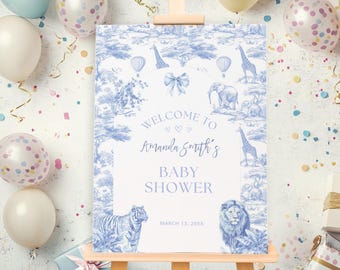 Editable Blue Bow Baby Shower Welcome Sign, Blue theme safari chinoiserie Toile De Jouy Baby Shower Decorations edittable Canva 16x20, 18x24