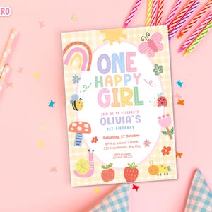 May include: A colorful birthday invitation with the text "ONE HAPPY GIRL" and "OLIVIA'S 1ST BIRTHDAY". The design includes a rainbow, butterfly, bee, mushroom, and other cute illustrations. Pink and yellow color scheme.