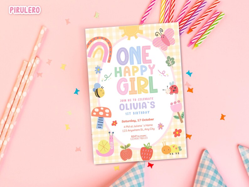 May include: A colorful birthday invitation with the text "ONE HAPPY GIRL" and "OLIVIA'S 1ST BIRTHDAY". The design includes a rainbow, butterfly, bee, mushroom, and other cute illustrations. Pink and yellow color scheme.