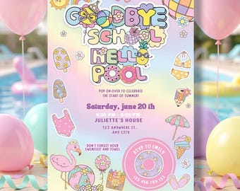 Ende der Schulpartyeinladung, Schule Party Einladung, Pool-Party, Auf Wiedersehensschule einladen, Hallo Sommer, bearbeitbare Canva-Vorlage