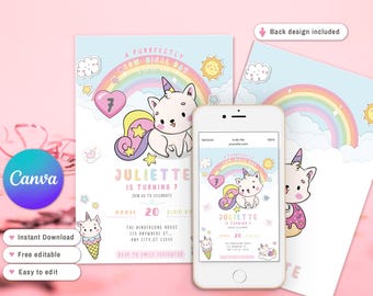 Invitación de cumpleaños de gato arcoíris, invitación de gato arcoíris, cumpleaños de niña arcoíris con unicornio y gato para cualquier edad, editable, invitación a fiesta de unicornio y gato