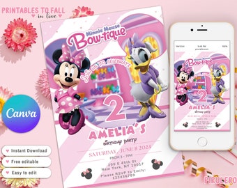 Invitation d'anniversaire Minnie Bowtique, souris et canard, invitation Besties plus heureux, invitation rose oreilles Minnie, modèle toile Minnie Boutique