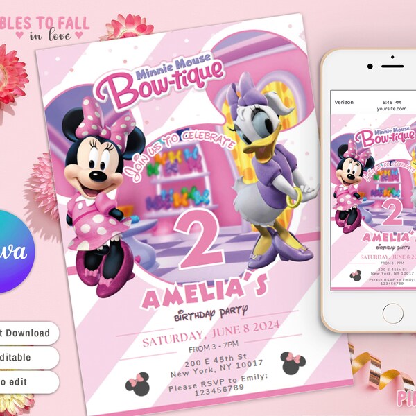 Minnie Bowtique Birthday Invitation, Mouse and duck, happiest Besties Invitation, Minnie Ears Pink Invite, Minnie Boutique Canva Template