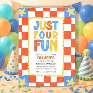 May include: A rectangular birthday invitation card featuring a red and white checkered border with yellow stars in the corners. The text reads: JUST FOUR FUN, JOIN US TO CELEBRATE OLIVER'S 4TH BIRTHDAY, Saturday, 17 October, 4 PM at Juliana's Home, 123 Anywhere St., Any City, RSVP to mom: 123456 789123.