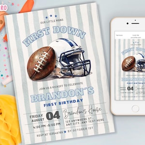 Könnte beinhalten: Einladung zum ersten Geburtstag von Brandon mit einer Illustration von Football und Helm. Das Design enthält den Text "First Down" und Veranstaltungsdetails. Ein Smartphone zeigt das gleiche Design.