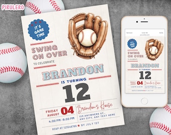 May include: Baseball-themed birthday invitation with a baseball glove and ball, plus a smartphone displaying the same design. The invitation reads "Swing on Over" and "Brandon is turning 12". Includes date, time, and location.