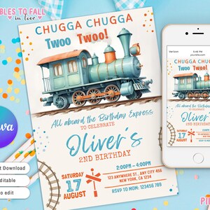 May include: A blue and orange train with the text "CHUGGA CHUGGA Twoo Twoo!" on a light blue background. The text "All aboard the Birthday Express to celebrate Oliver's 2nd Birthday" is below the train. The invitation includes the date, time, and location of the party. The text "RSVP to Mom: 123456 789" is at the bottom of the invitation.