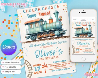 Chugga Chugga Two Two Birthday Invitation, Train Second Birthday Printable Invite, All Aboard Boys Birthday Invite, Birthday Evite, canva
