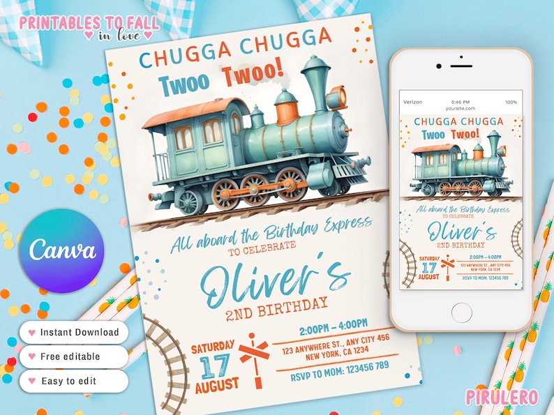 May include: A blue and orange train with the text "CHUGGA CHUGGA Twoo Twoo!" on a light blue background. The text "All aboard the Birthday Express to celebrate Oliver's 2nd Birthday" is below the train. The invitation includes the date, time, and location of the party. The text "RSVP to Mom: 123456 789" is at the bottom of the invitation.
