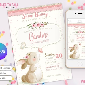 Invito di compleanno floreale con coniglietto, invito modificabile per una festa di compleanno di coniglietti, modello Canva stampabile per invito in acquerello pastello