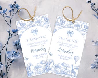 Bewerkbare toile de jouy-safari babyshower bedankkaartje, safari toile cadeaukaartjes babyshower stoffige blauwe chinoiserie babyshower safari bedankkaartje