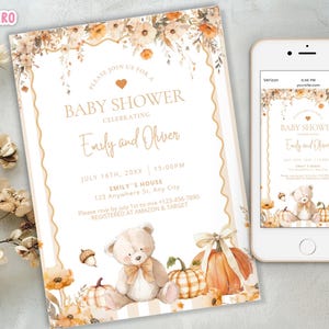 Herfst Boho Beer Babyshower Neutrale Pompoenen Beige Uitnodigingen Fall in Love Herfstpompoen Coquette bloemen, halloween Chinoiserie