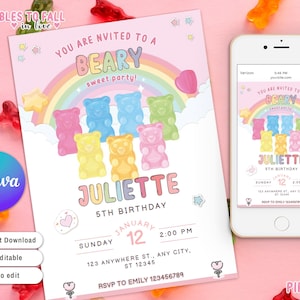 Invito a forma di orsetto gommoso color pastello arcobaleno, invito di compleanno con caramelle, invito di compleanno con negozio di caramelle, invito per festa di compleanno di San Valentino, modificabile