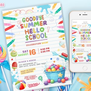 EDITABLE Back of School Party Invitation Hello School So Long Summer Bash, End of Summer Party Goodbye Summer Back to School Bash Invite