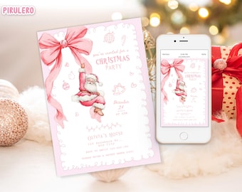 Pode incluir: Um convite rosa para uma festa de Natal com uma ilustração em aquarela do Papai Noel pendurado em um laço rosa. O convite inclui o texto "You're invited for a Christmas Party" e detalhes do evento. Um smartphone exibe o mesmo design.