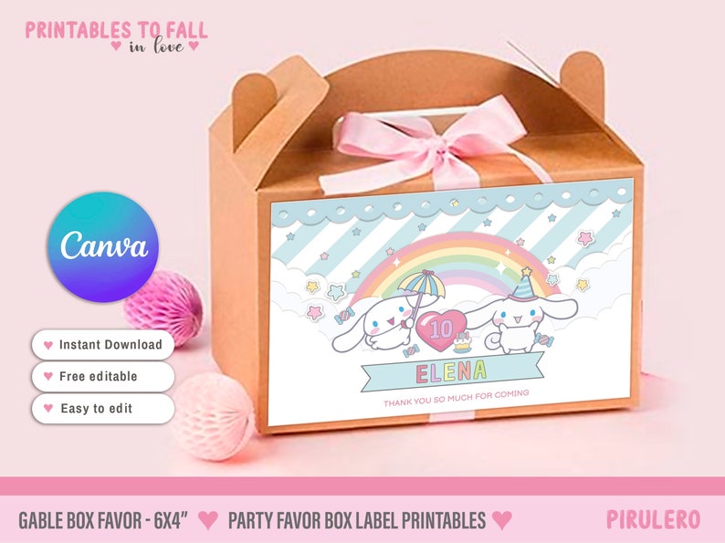 Kitty And Friends Party caja de favor imprimible canela, fiesta de camiones favorece caja de golosinas de conejito kawaii Plantilla de Canva editable, Candy Treat Box imagen 9