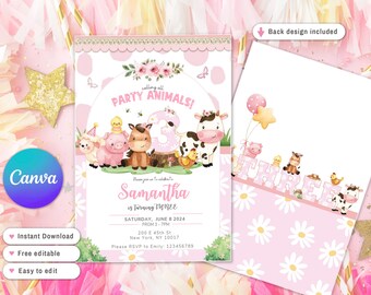 Girl Farm Birthday Invitation, Editable Girl 3rd birthday, Farm Animals Birthday Invite, girl's third birthday, Floral Barnyard, pink three