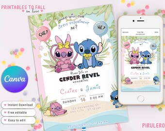 Baby Stitch and Angel Gender Reveal Invitation, Stitch or angel Gender Reveal, baby shower Canva template Stitch and Angel canva template