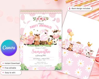 Girl Farm Birthday Invitation, Editable pink Farm Animals Birthday Invite, Second birthday, 2nd birthday Girl, Floral Barnyard Animals, two