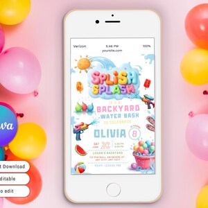 Puede incluir: Un smartphone muestra una colorida invitaci&oacute;n para una fiesta acu&aacute;tica en el jard&iacute;n, con el texto "Splish Splash" y detalles para el cumplea&ntilde;os n&uacute;mero 8 de Olivia. El tel&eacute;fono est&aacute; rodeado de globos rosas, amarillos, verdes y rojos. El logotipo de Canva es visible.