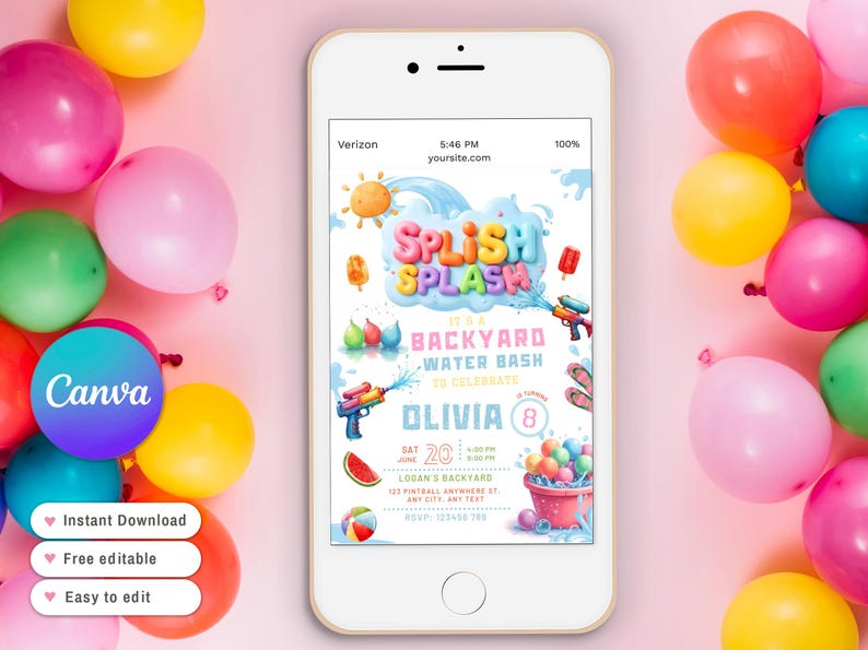 Puede incluir: Un smartphone muestra una colorida invitaci&oacute;n para una fiesta acu&aacute;tica en el jard&iacute;n, con el texto "Splish Splash" y detalles para el cumplea&ntilde;os n&uacute;mero 8 de Olivia. El tel&eacute;fono est&aacute; rodeado de globos rosas, amarillos, verdes y rojos. El logotipo de Canva es visible.