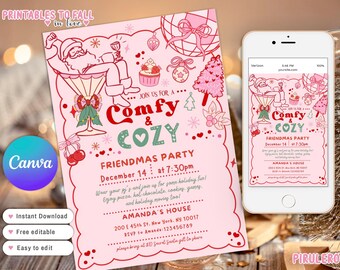 Comfy and Cozy Christmas Party Invitation, Friendsmas Funny Invitation, Girls Night In Holiday Party Invite, Christmas PJ Party, santa gift