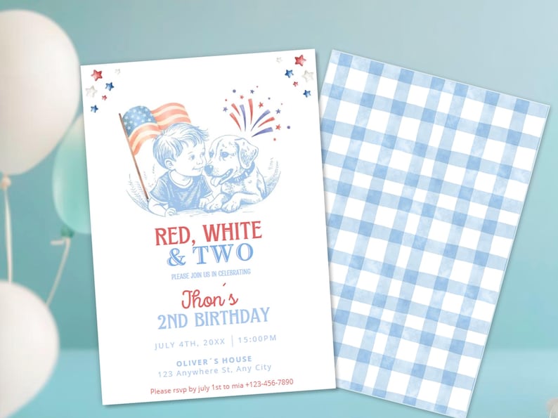 May include: A patriotic invitation with a red, white, and blue theme. The design features a boy and a dog with an American flag, fireworks, and the text "Red, White & Two". The back of the invitation has a blue and white gingham pattern.