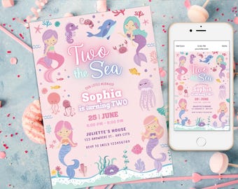 Faire-part d'anniversaire deux la mer, 2e anniversaire sirène modifiable, fille rose pastel sous la mer, thème d'été Splash Pool Party