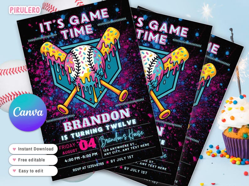 Pode incluir: Convite com tema de beisebol com o texto "IT'S GAME TIME" e "BRANDON IS TURNING TWELVE". O design apresenta uma bola de beisebol e bast&otilde;es cruzados com cobertura colorida pingando em um fundo preto. Inclui detalhes do evento.