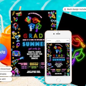 Peut inclure: Une invitation de f&ecirc;te de remise de dipl&ocirc;me avec un fond noir et des graphiques de style n&eacute;on. L'invitation comprend le texte "GRAD SUMMER" et les d&eacute;tails de l'&eacute;v&eacute;nement. Un smartphone affiche l'invitation, et une boisson est en arri&egrave;re-plan.