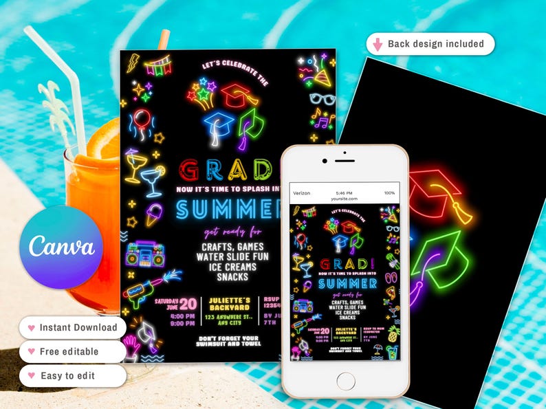 Peut inclure: Une invitation de f&ecirc;te de remise de dipl&ocirc;me avec un fond noir et des graphiques de style n&eacute;on. L'invitation comprend le texte "GRAD SUMMER" et les d&eacute;tails de l'&eacute;v&eacute;nement. Un smartphone affiche l'invitation, et une boisson est en arri&egrave;re-plan.