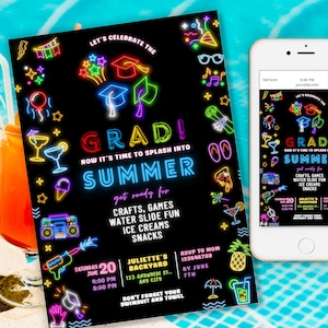 Puede incluir: Una invitación negra para una fiesta de graduación con gráficos y texto de neón, incluyendo "GRAD! SUMMER" y detalles del evento. Un smartphone muestra el mismo diseño. Una bebida colorida está en primer plano.