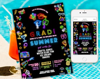 Une invitation pour les diplômés de l'été, une invitation à une soirée Splash fluo, une soirée de remise des diplômes phosphorescente, une invitation modifiable pour une fête d'été à la piscine pour les diplômés, la sortie de l'école Bruh