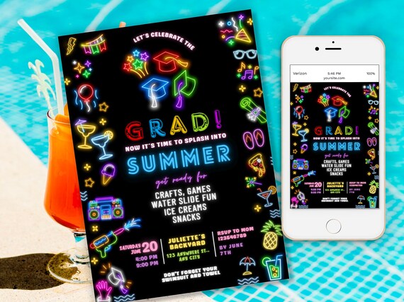 Splash Into Summer Grad Invite, Neon Splash Party Invite, Glow Graduation Party, Editable Summer Grad Pool Party Invite, Bruh School's Out