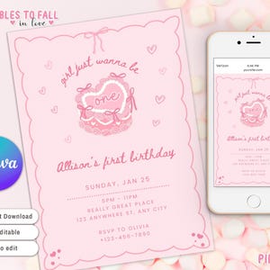 Pink Bow Birthday Invitation, Girls Just Wanna Be One Invite, 1st Birthday, Girls First invite Party for any age, Vintage Cake Preppy Pink